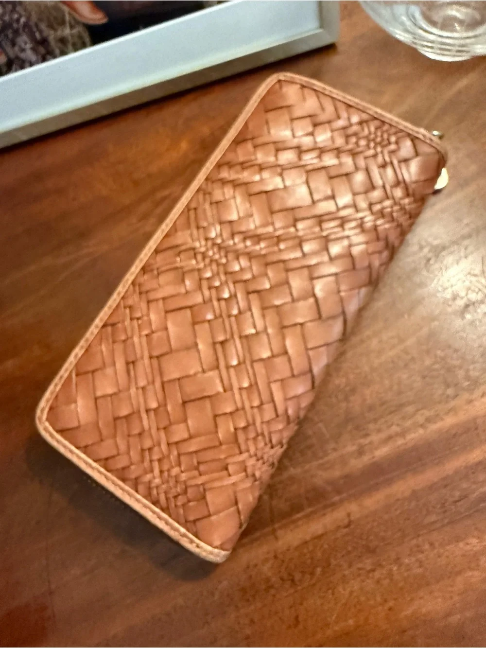 Cole Haan British Tan Hand Woven Genevieve Leather Zip Continental Wallet